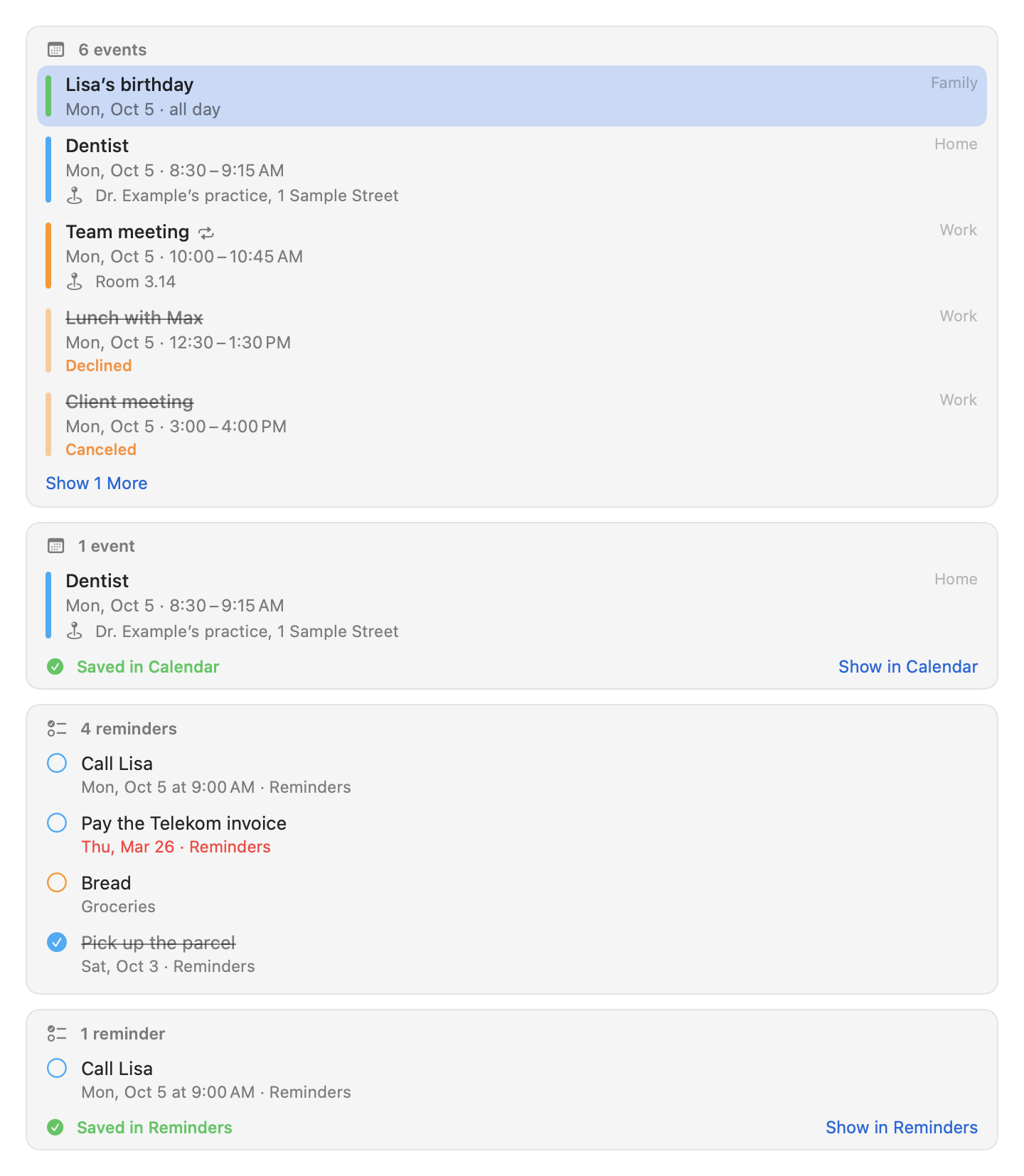 Event cards with all-day, recurring, declined and canceled events, a Saved in Calendar card, and reminder cards with overdue and completed reminders