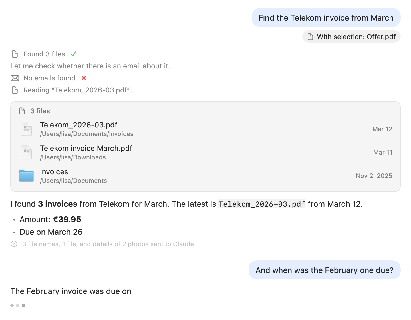 A chat: a question with a context chip, tool status rows with check mark, cross and dash, a file card, a formatted answer, the note “3 file names, 1 file, and details of 2 photos sent to Claude”, and a follow-up being answered