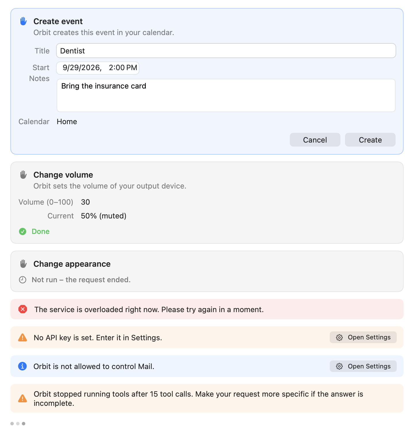 An editable Create event card, a decided Change volume card, a Change appearance card that did not run, and notices