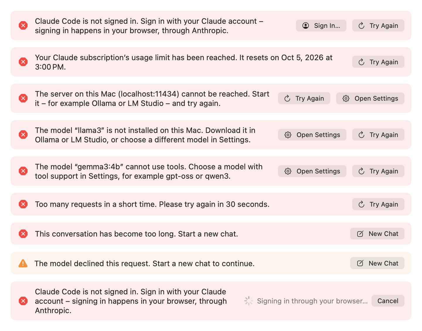 Chat notices: Claude Code not signed in with Sign In and Try Again, the usage limit with its reset time, a server on this Mac that cannot be reached, a model that is not installed, a model that cannot use tools, too many requests, a conversation that is too long with New Chat, a declined request, and a sign-in running in the browser with Cancel