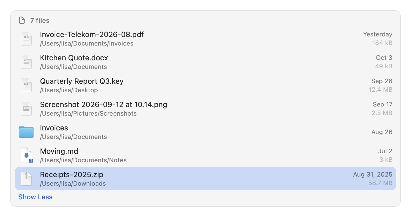 An expanded file card with seven files, each with folder, date and size, one row selected