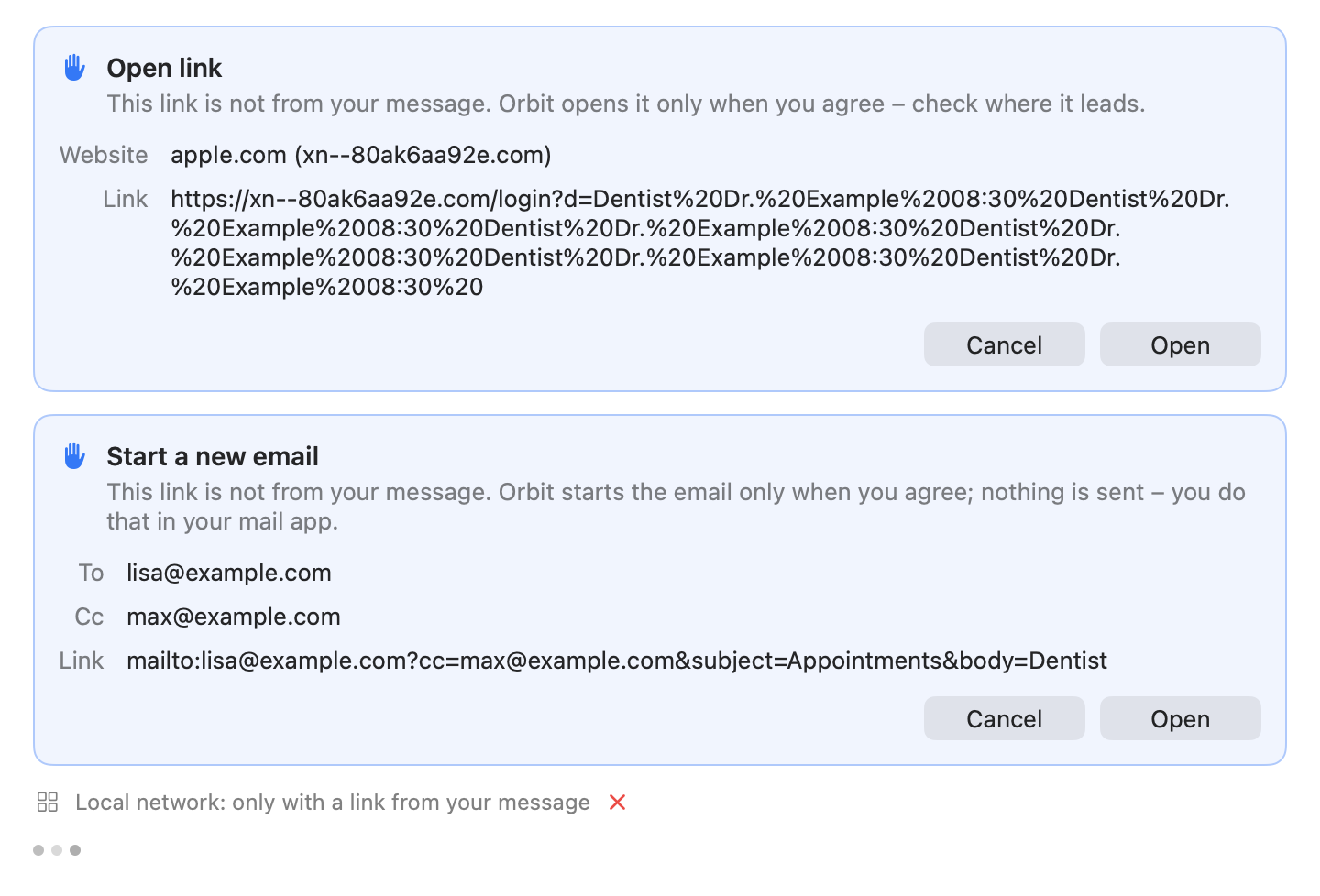 An Open link card for a look-alike domain with its punycode form, a Start a new email card, and a refused local-network link