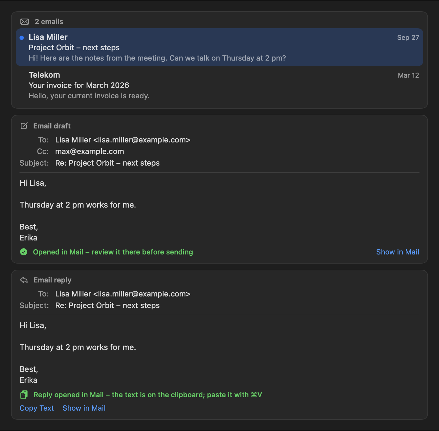 A mail list card, an email draft card with Show in Mail, and an email reply card with Copy Text