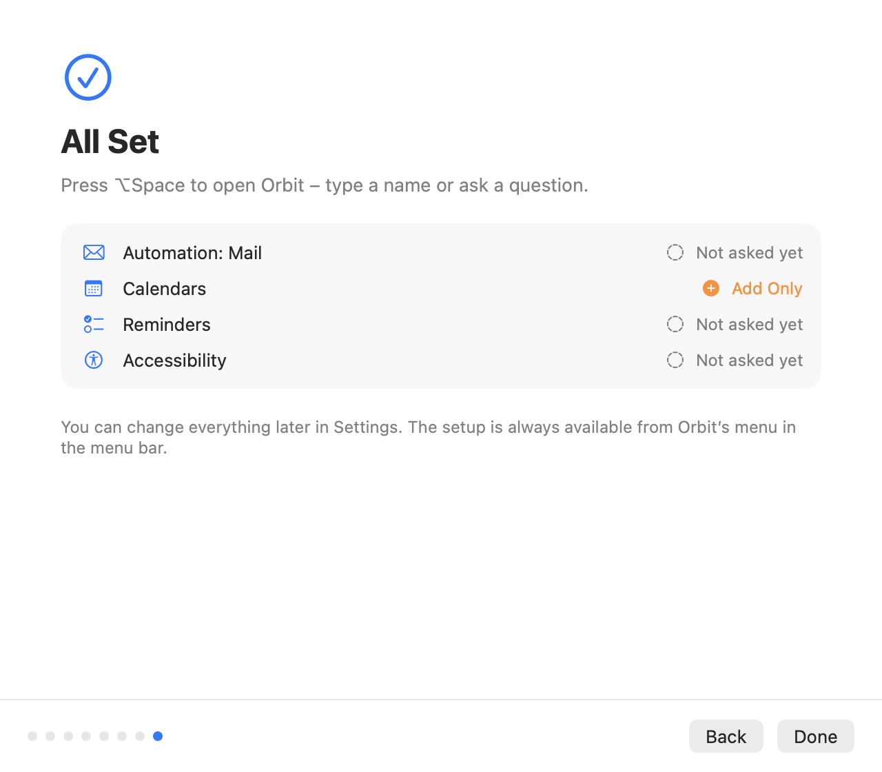 The All Set step with the shortcut and a summary of permission states such as Not asked yet and Add Only