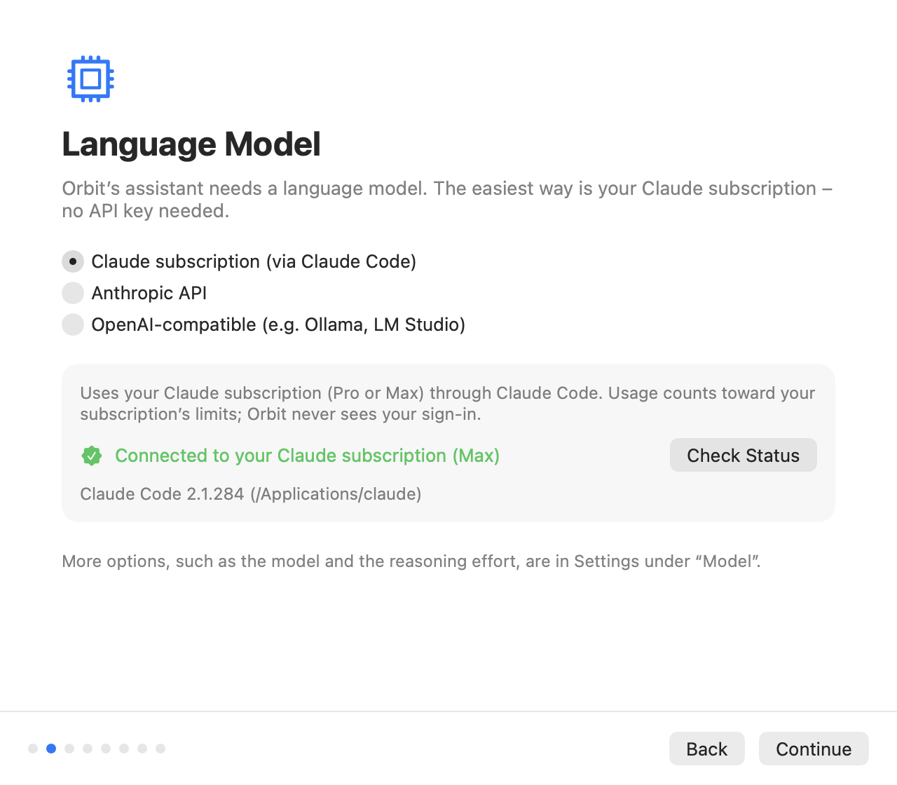 The Language Model step with the Claude subscription selected and the status Connected to your Claude subscription (Max)