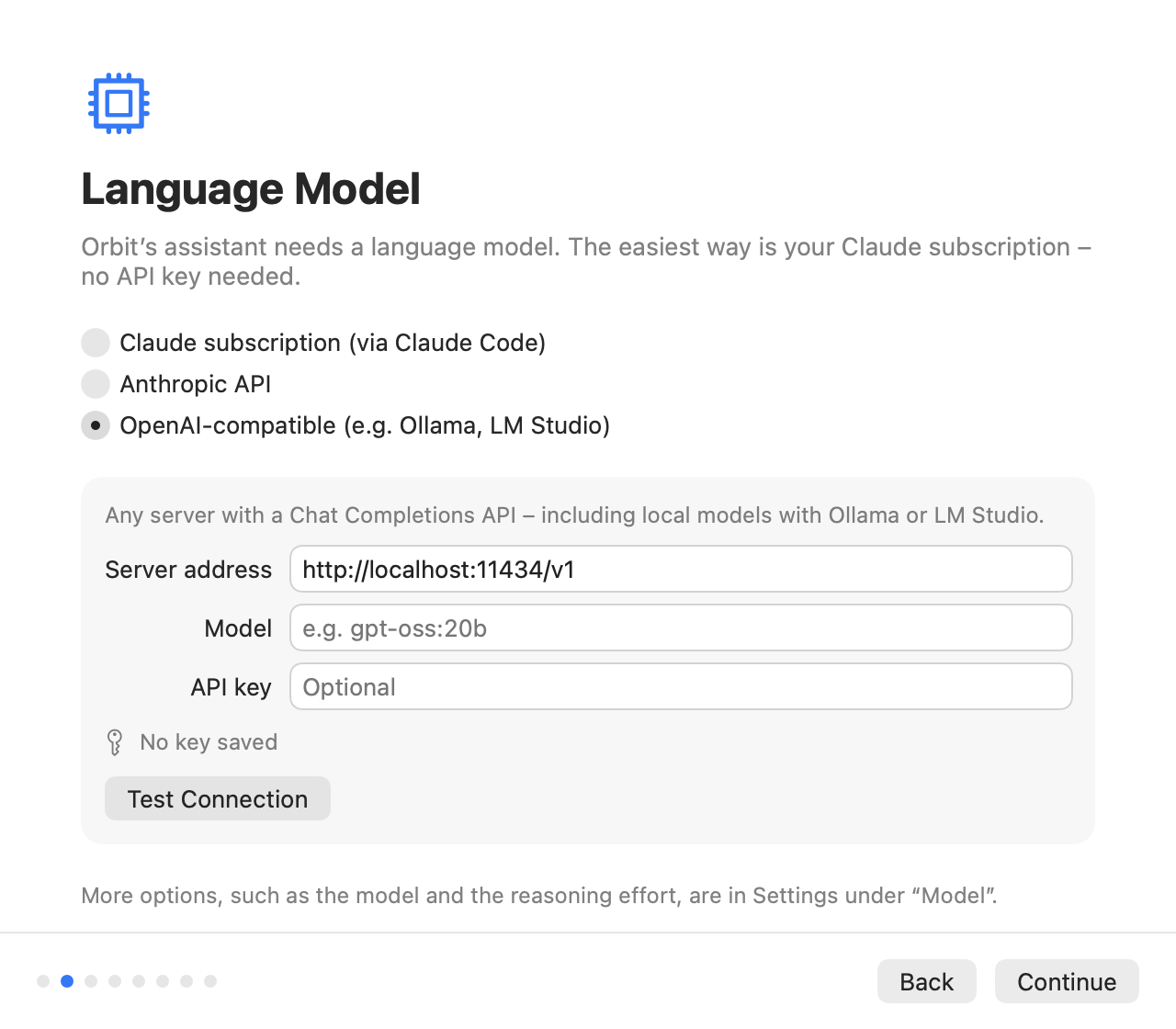 The setup's Language Model step with OpenAI-compatible selected: server address http://localhost:11434/v1, a model, an optional API key and Test Connection