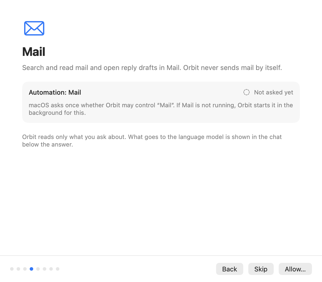 The Mail permission step: Automation: Mail, Not asked yet, with the buttons Back, Skip and Allow…