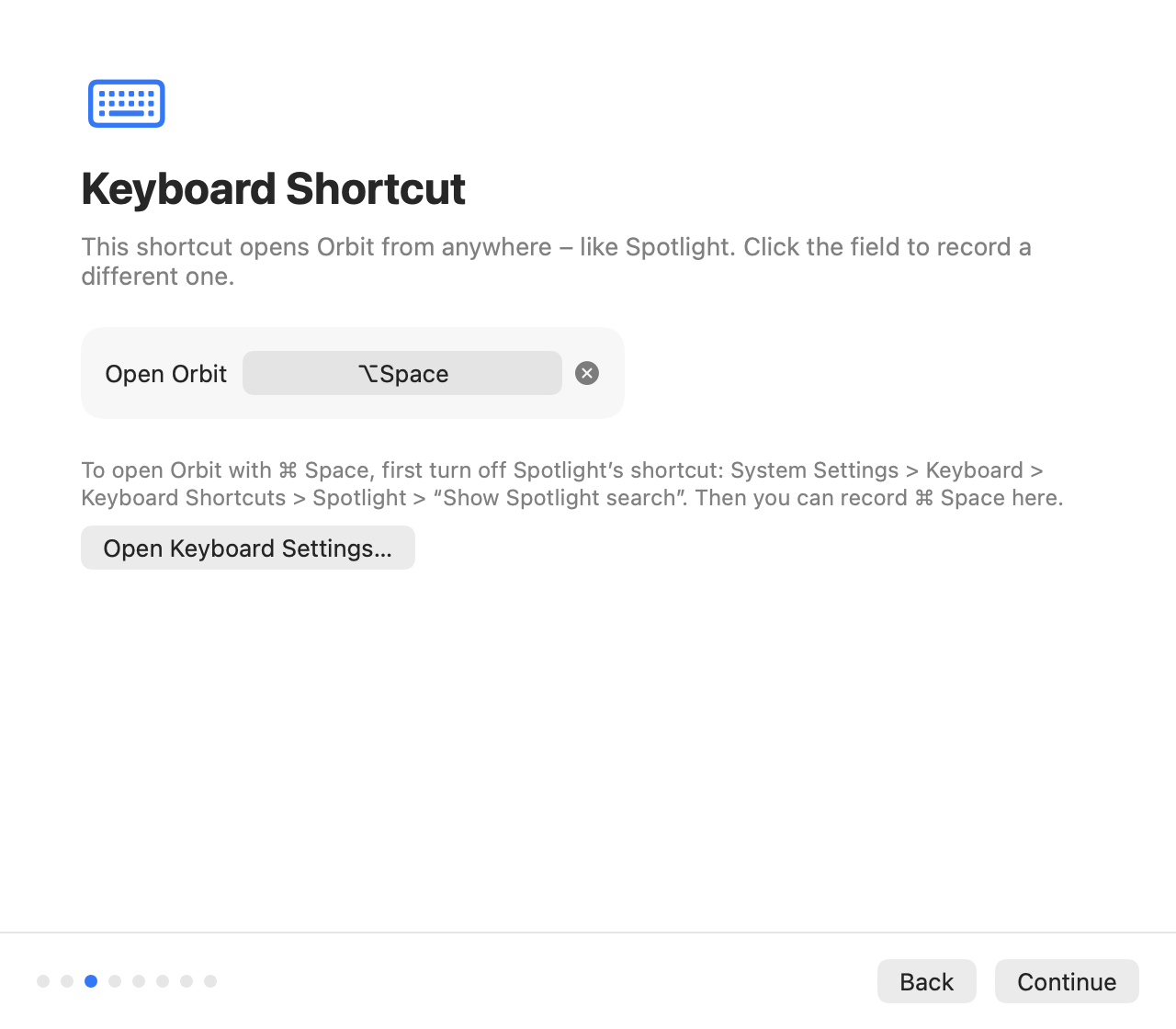 The Keyboard Shortcut step showing Option-Space and how to free Command-Space from Spotlight