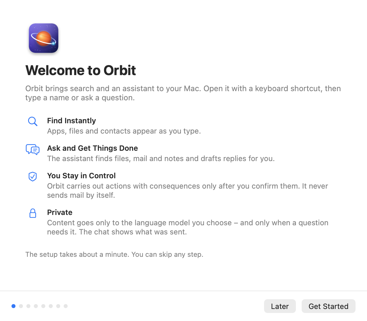 The Welcome to Orbit step with four features: Find Instantly, Ask and Get Things Done, You Stay in Control, Private