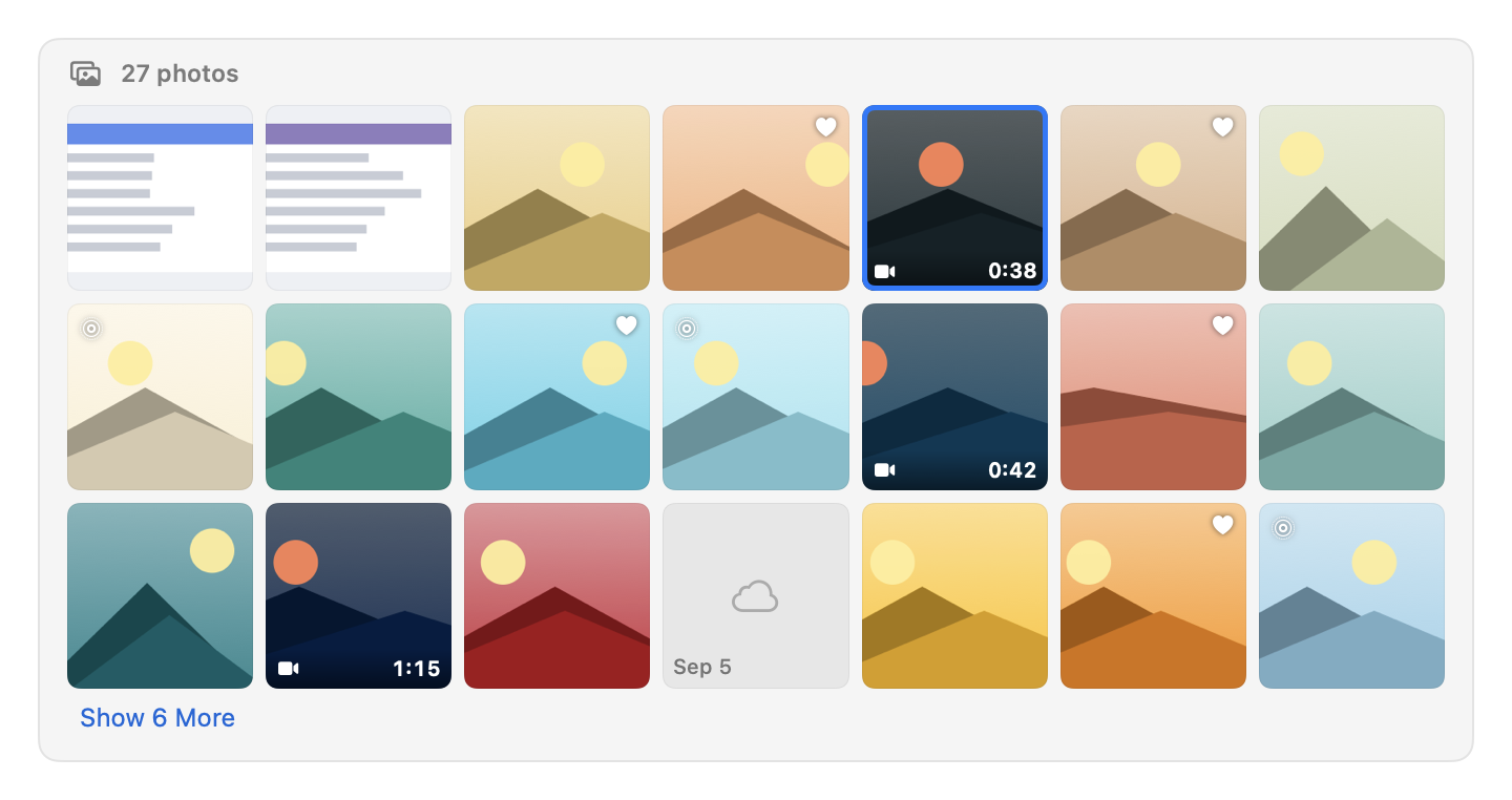 A photo grid with favorites, videos with their length, a Live Photo badge, an iCloud-only placeholder and Show 6 More