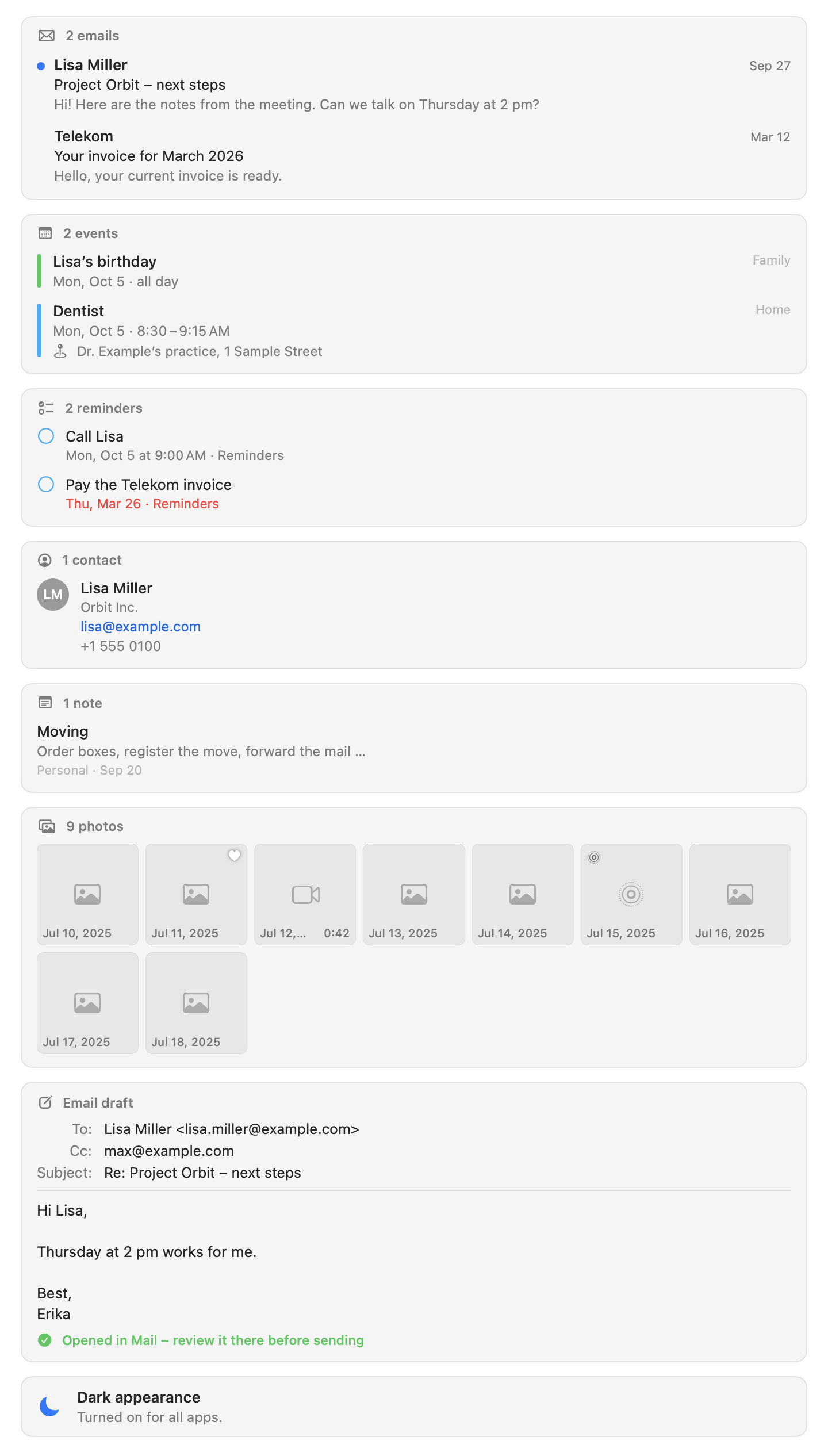 A gallery of result cards: emails, events, reminders, a contact, a note, photos and an email draft