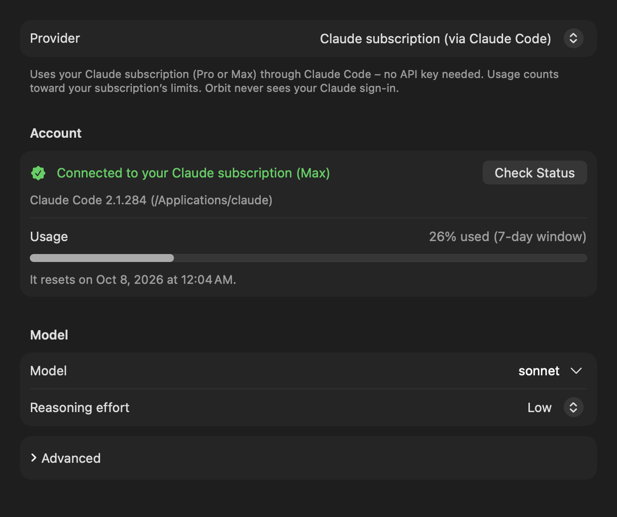 Settings, Model tab with the Claude subscription: connected (Max), the Claude Code version and path, a usage bar at 26 percent of the 7-day window with its reset time, the model, the reasoning effort and the Advanced section