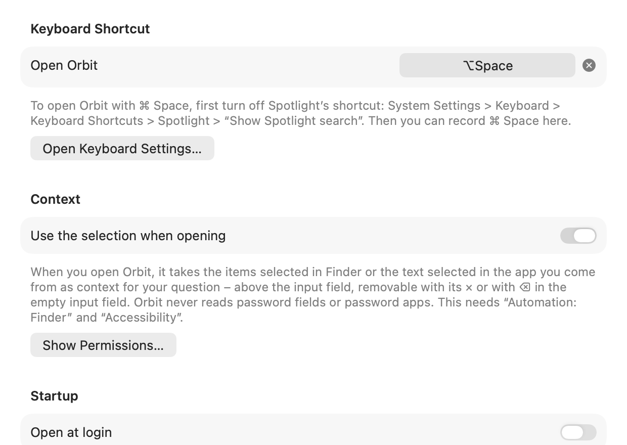 Settings, General tab: Keyboard Shortcut, Context with “Use the selection when opening”, Startup with “Open at login”
