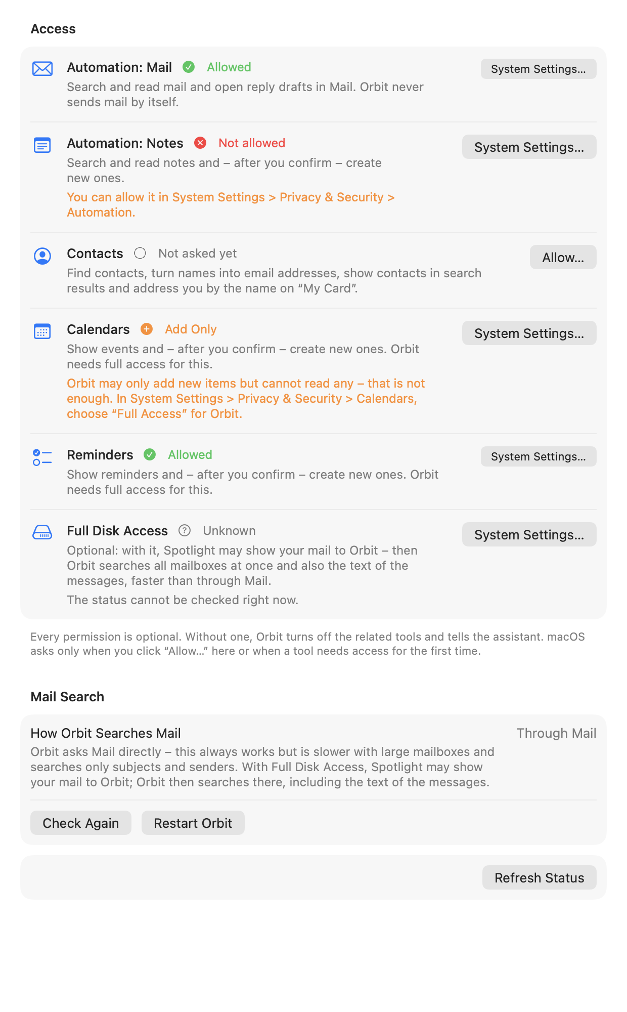 Settings, Permissions tab: each permission with its status, purpose and an Allow… or System Settings… button, the Mail Search mode and Refresh Status