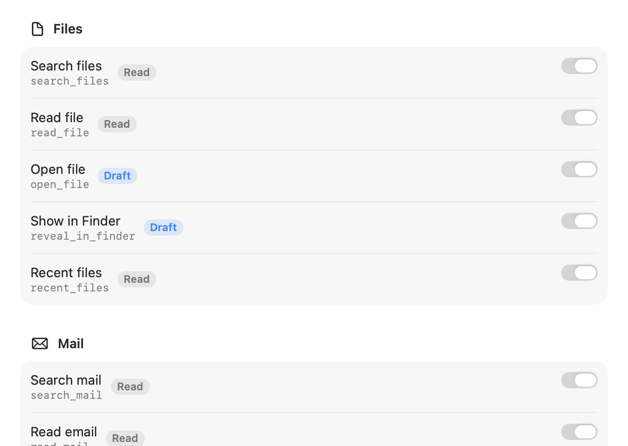 Settings → Tools with a switch for each tool and Read and Draft badges